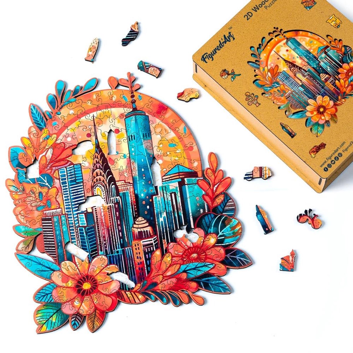 SnelShoppen - Houten Puzzel voor Volwassenen en Kinderen, 200 Stukjes Stadslandschap met Bloemen, Origineel Design, Unieke Vorm, 25,3 x 29 cm, Premium