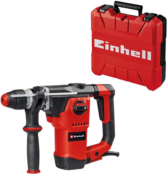 Rode boorhamer van Einhell met zwarte handgrepen, naast een open rode koffer met schuimrubber.