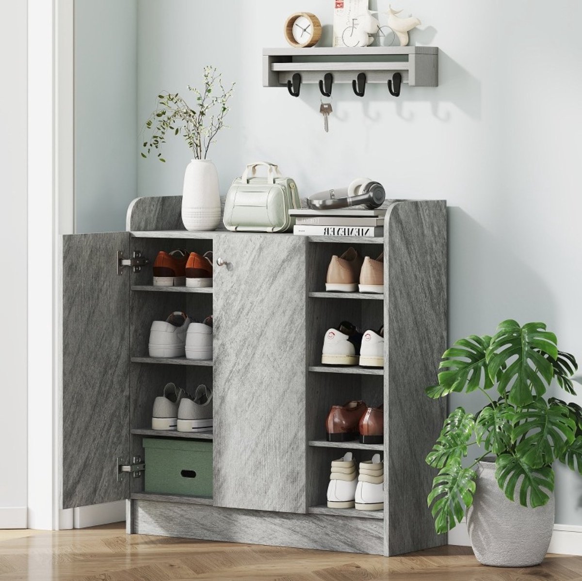 STILVORA Schoenenkast - 2 Deuren En 4 Open Vakken - Voor Hal En Ingang - Spaanplaat En MDF - 83x30x90 Cm - Grijs