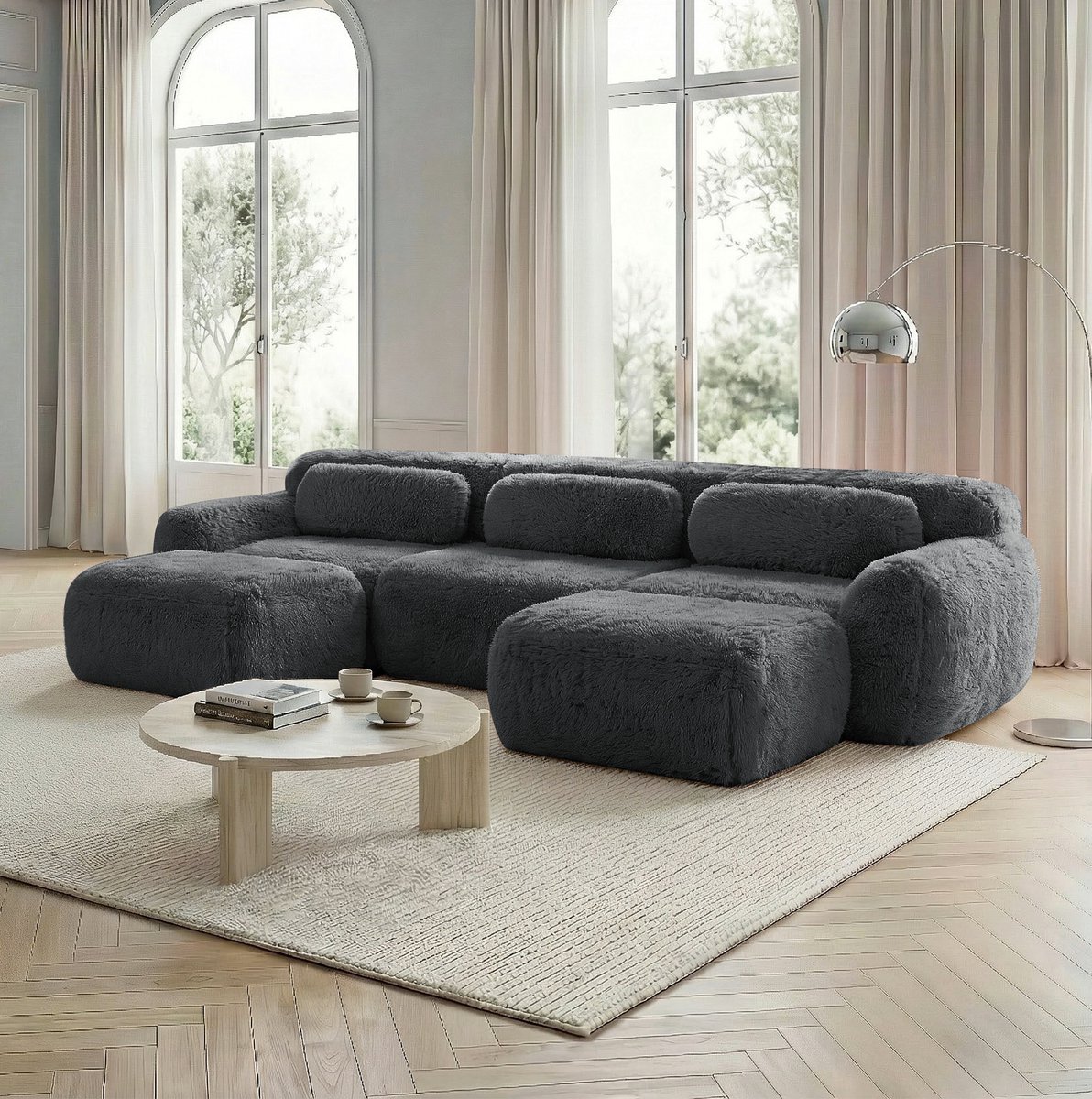 COVREO U-bank 291 x 179 x 73 cm - grijs pluche, zonder montage, met kussens