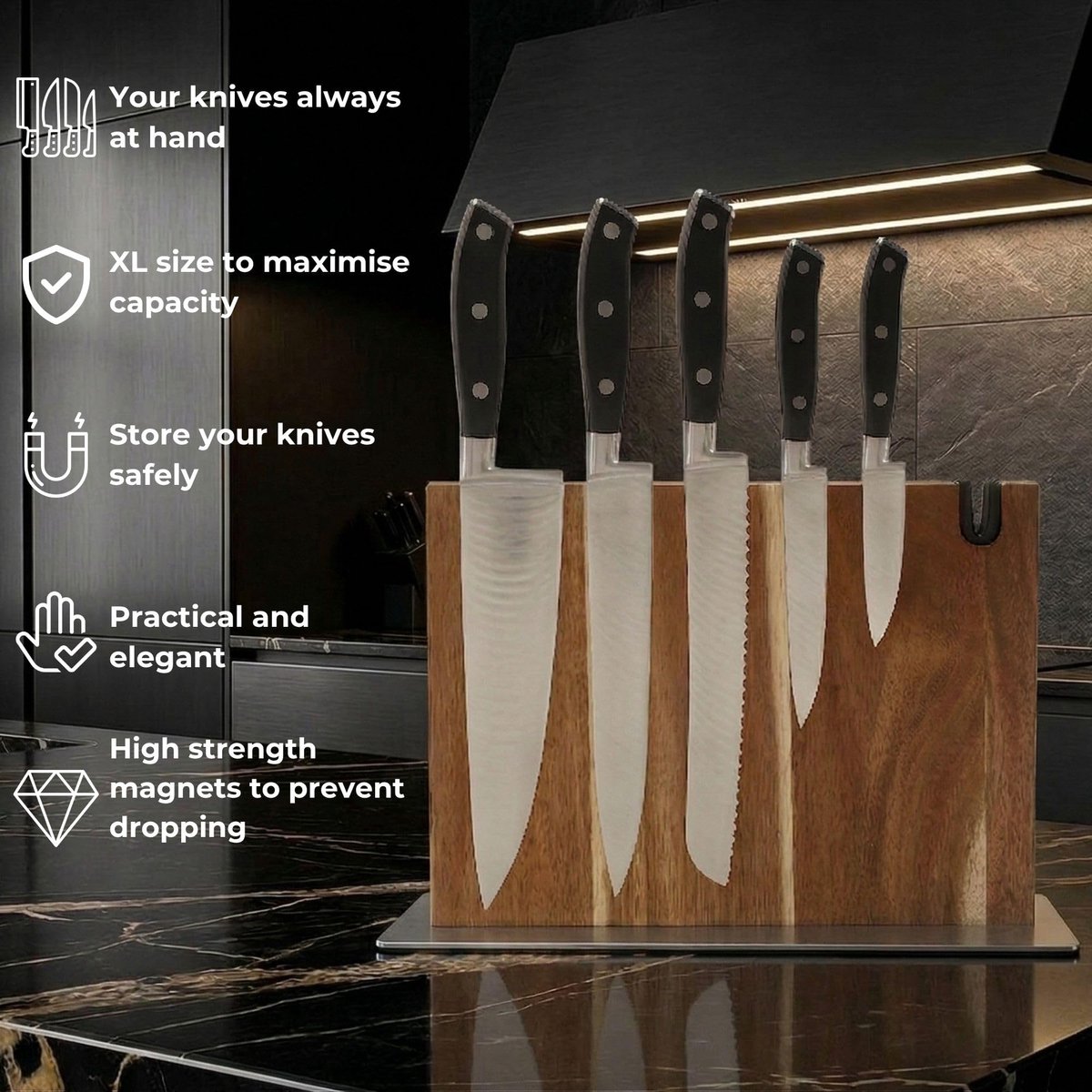 SnelShoppen - Magnetisch Messenblok XL van Hout met Messenslijper - Universele Magnetische Messenhouder in Acacia Hout - Stalen Voet voor Keuken, Koke