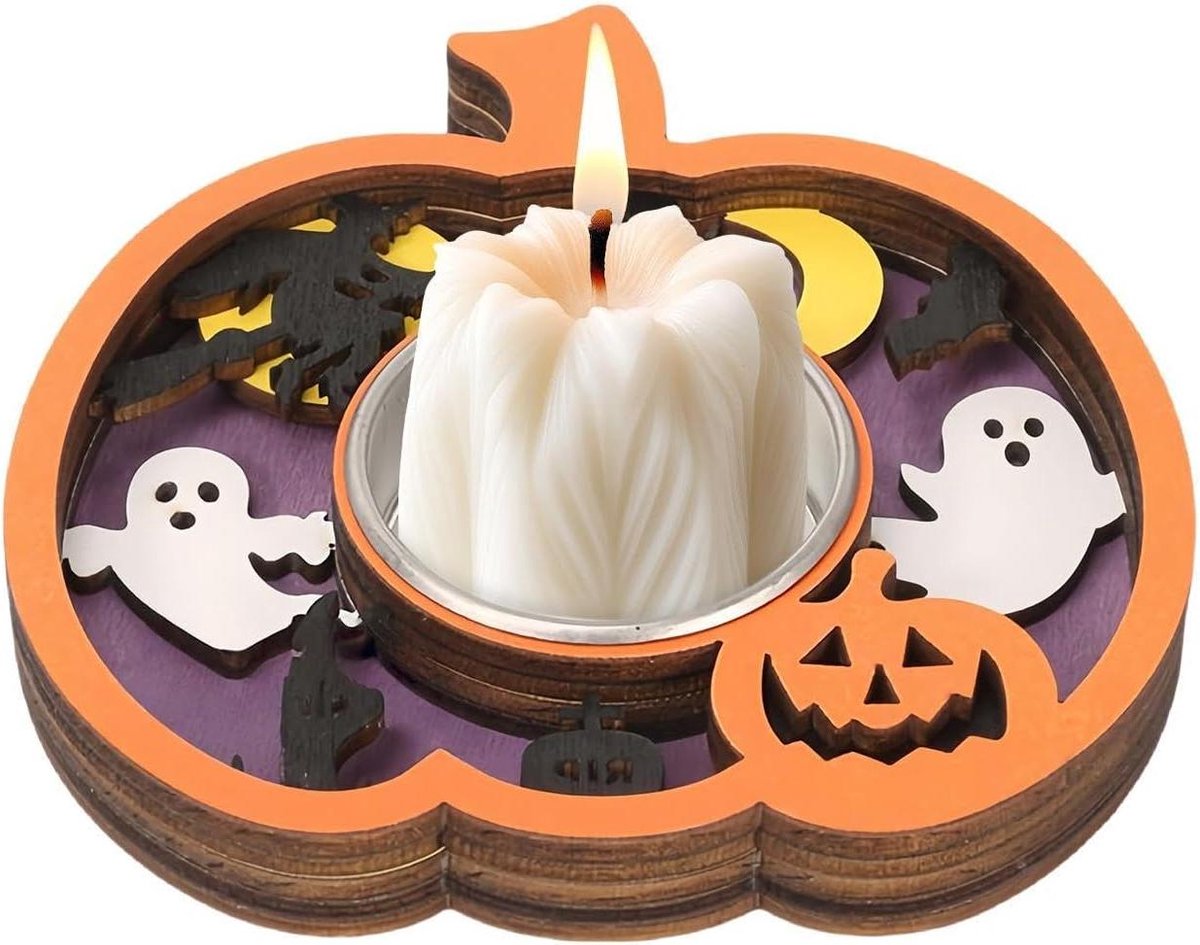 Halloween Kaarsenhouder - Theelichthouder Griezelig - Feestelijke Sfeer Creëren - Zorgvuldig Uitgesneden Patronen - 12x12x3 cm - Houtkleurig