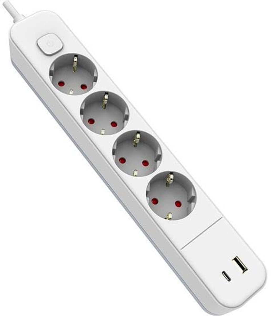 SnelShoppen - Meervoudige Stekkerdoos met 4 Stopcontacten en USB Poorten Type A en C, 1,5 m Kabel, Wit - Ideaal voor Thuis, Kantoor, Camping en Oplade