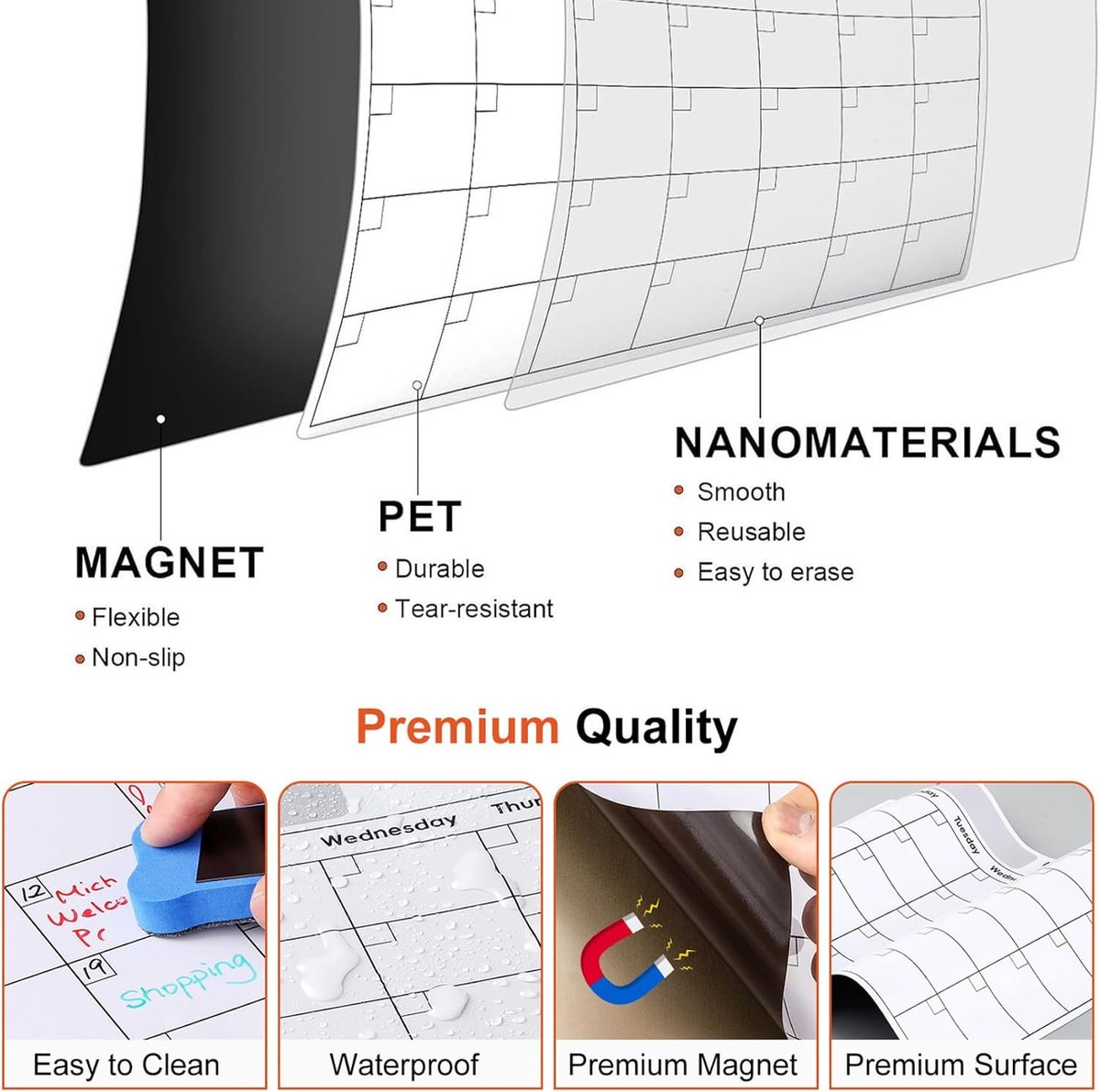 Magnetisch Whiteboard voor Koelkast - Uitwisbare Kalender Planner voor Week, Maand en Dag - Inclusief 6 Markers voor Keuken, Menu, To Do Lijst en Gezinsplanning — cadeau in Kalenders & Planners - foto 2