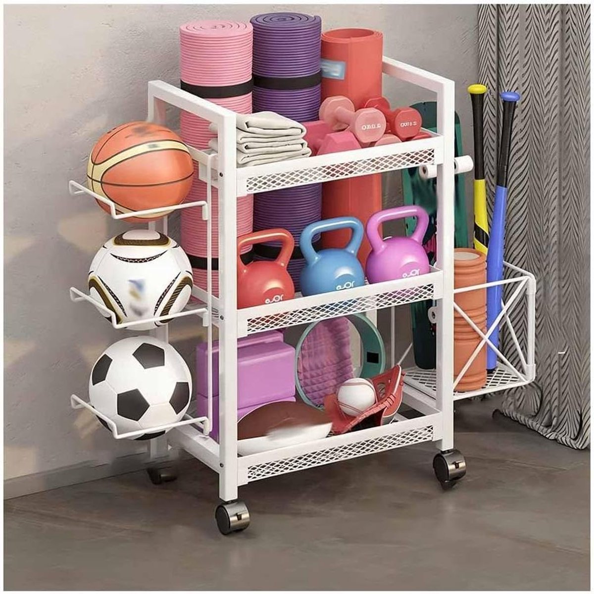 Opbergrek Halters - Gym Organizer - Thuis Sporten - Met Haken en Wielen - 46x33x86cm - Wit