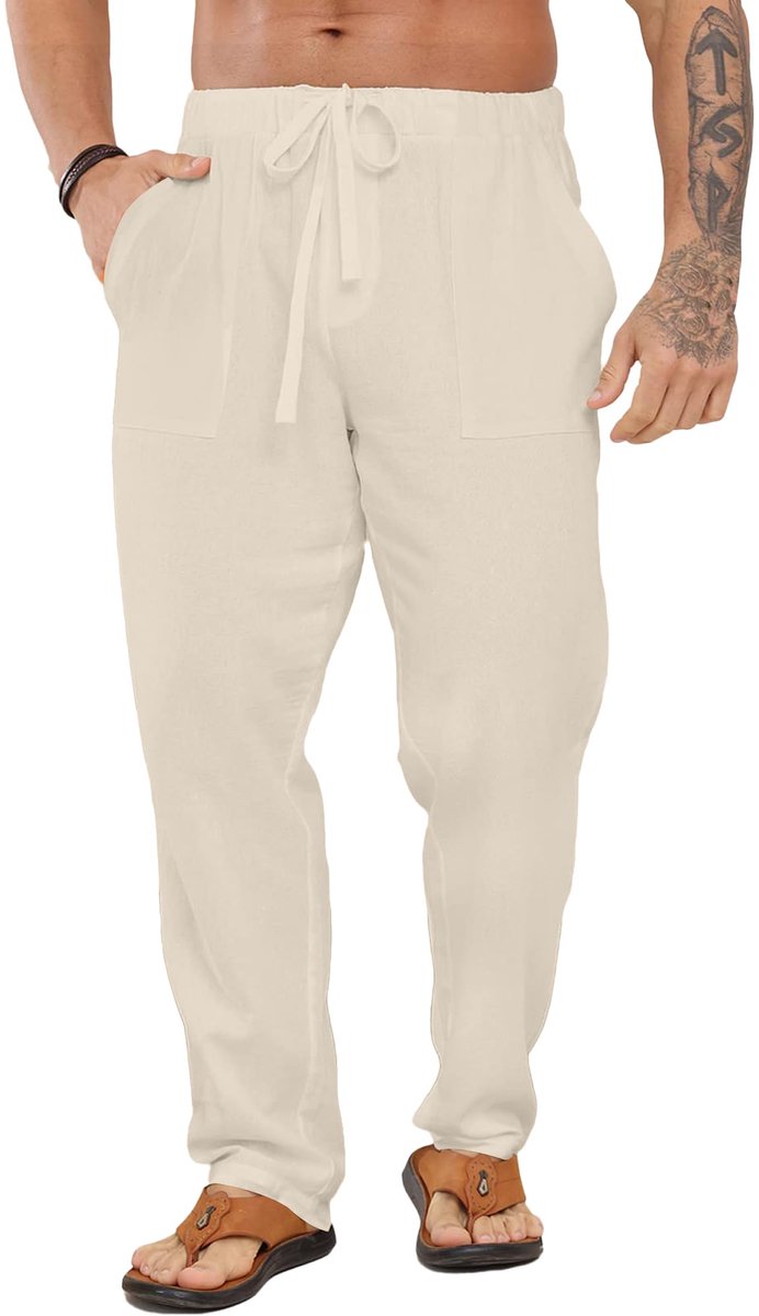 SnelShoppen - Heren Linnenbroek Lange Brede Zomerbroek met Trekkoord en Zakken, Luchtige Kaki Yogabroek voor Strand, Vakantie, Outdoor en Everyday Geb