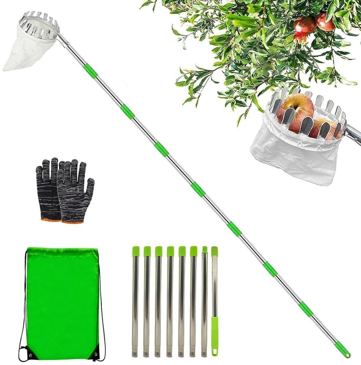 Dailygoods- Fruitplukker 340 Cm - Roestvrijstalen Fruitverzamelaar - Afneembare Plukmond - Tuingereedschap - Appel/Kersenplukken - Schadevrije Tanden - Oogstgereedschap