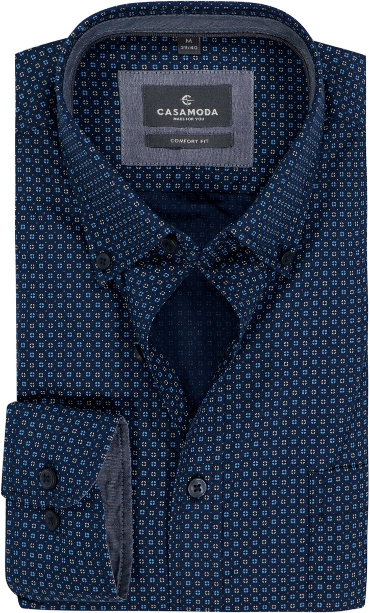 CASA MODA Sport comfort fit overhemd - popeline - donker- met lichtblauw en wit dessin