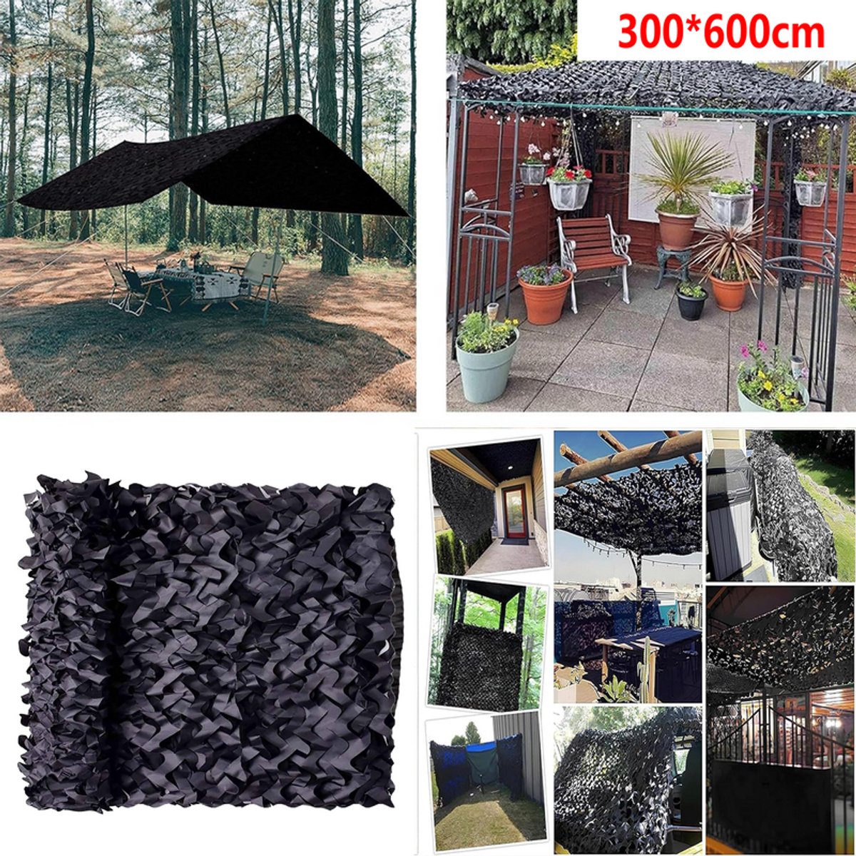 KZQ Camouflage Zonneschermnet - 300x600cm - Schaduwdoek - 210D Oxford - Voor Tuin Balkon Kamperen En Decoratie - Grijs
