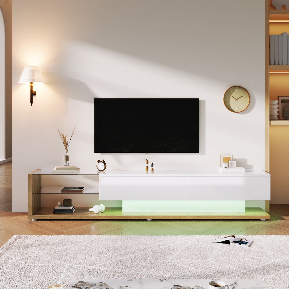 COVREO TV meubel 170 x 38 x 36 cm - wit hoogglans, houtkleur, 2 lades, LED verlichting