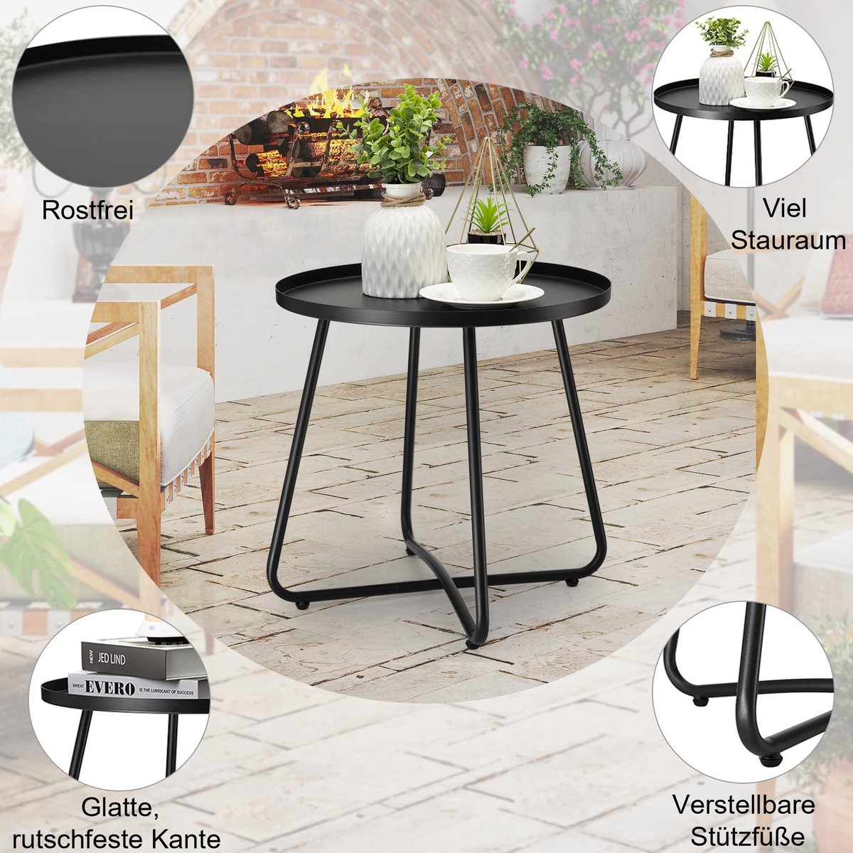 SnelShoppen - Outdoor Bijzettafel Ronde Eindtafel Weerbestendig Staal, Kleine Zwarte Tuin- en Balkon Tafel, Perfect voor Terras, Nachtkastje en Feeste