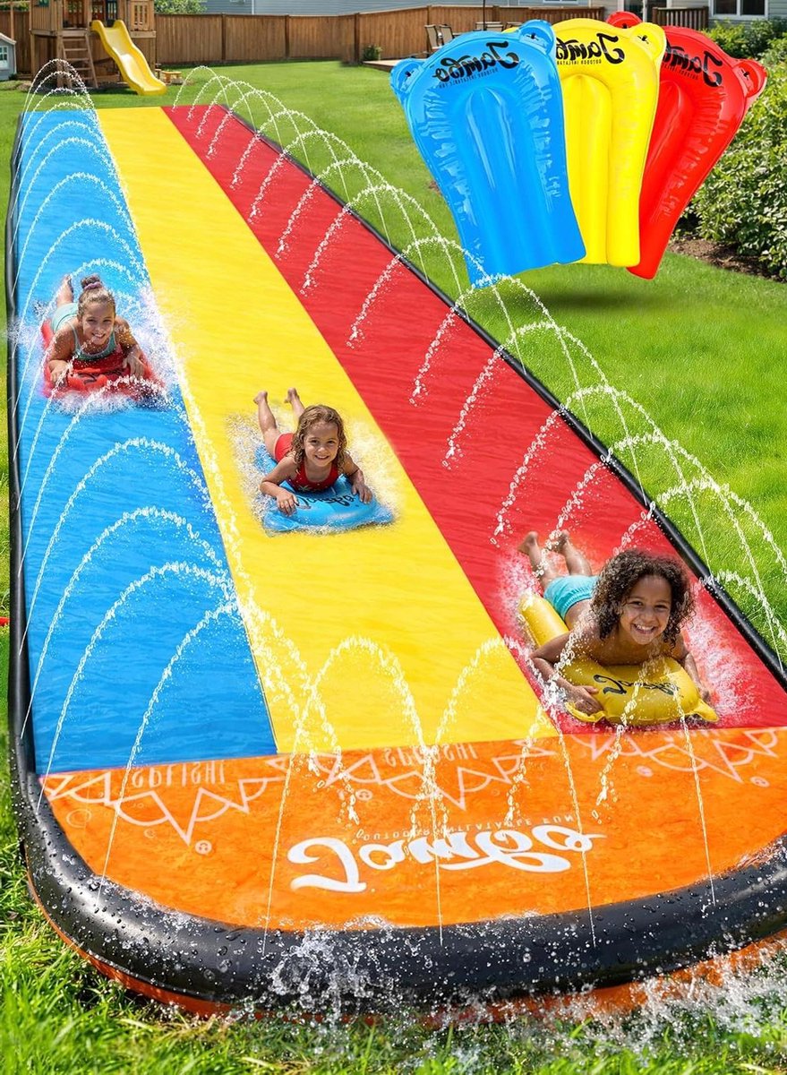 Waterglijbaan Triple Lane - Tuinslang glijbaan Zomerspeelgoed - Buiten spelen - Extra lange versie - 6 meter - Blauw