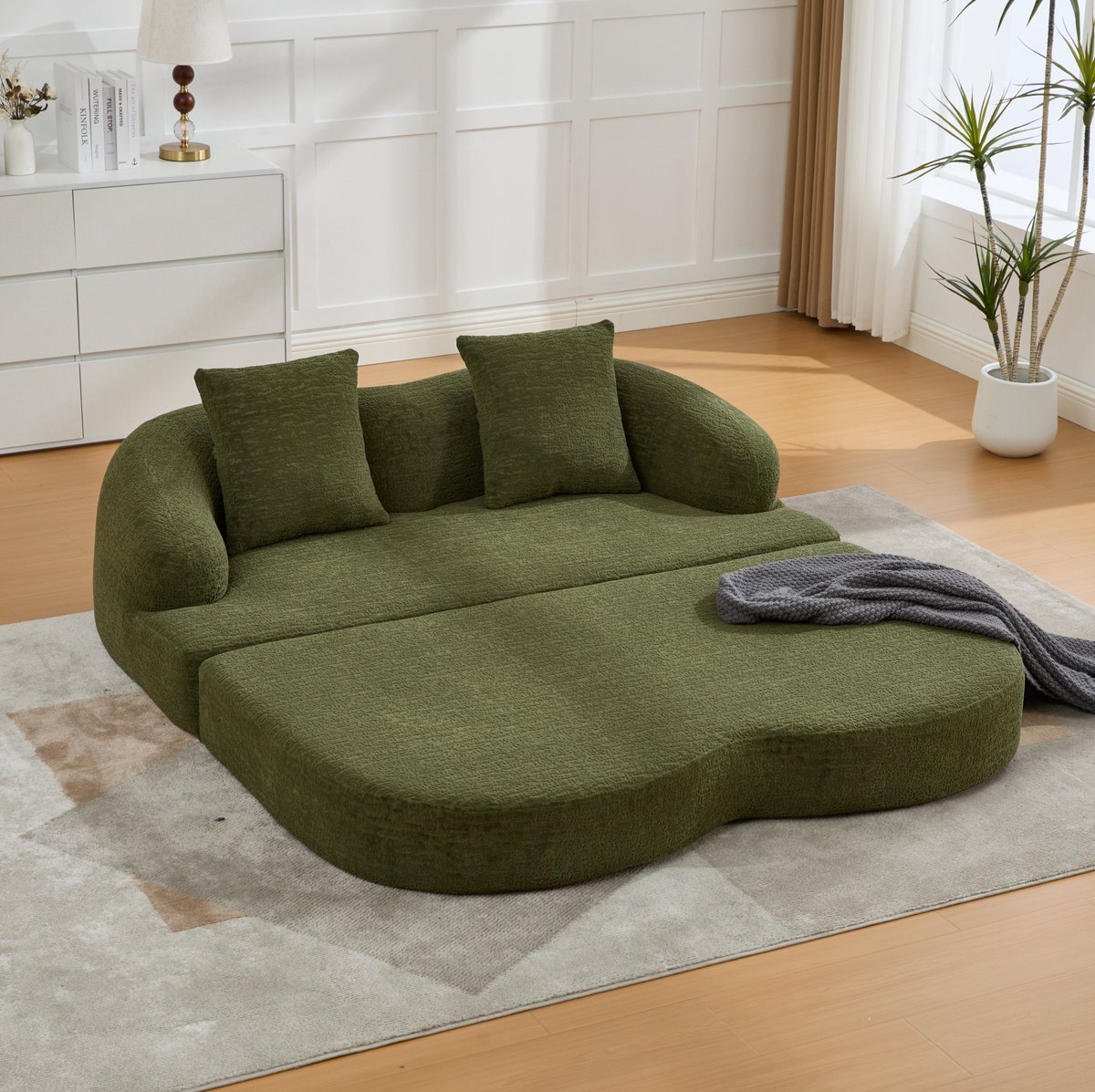 Slaapbank 2-Zits 157 Cm - Uitklapbaar Tot Bed Met 2 Kussens - Voor Woonkamer En Logeerkamer - Chenille - Groen