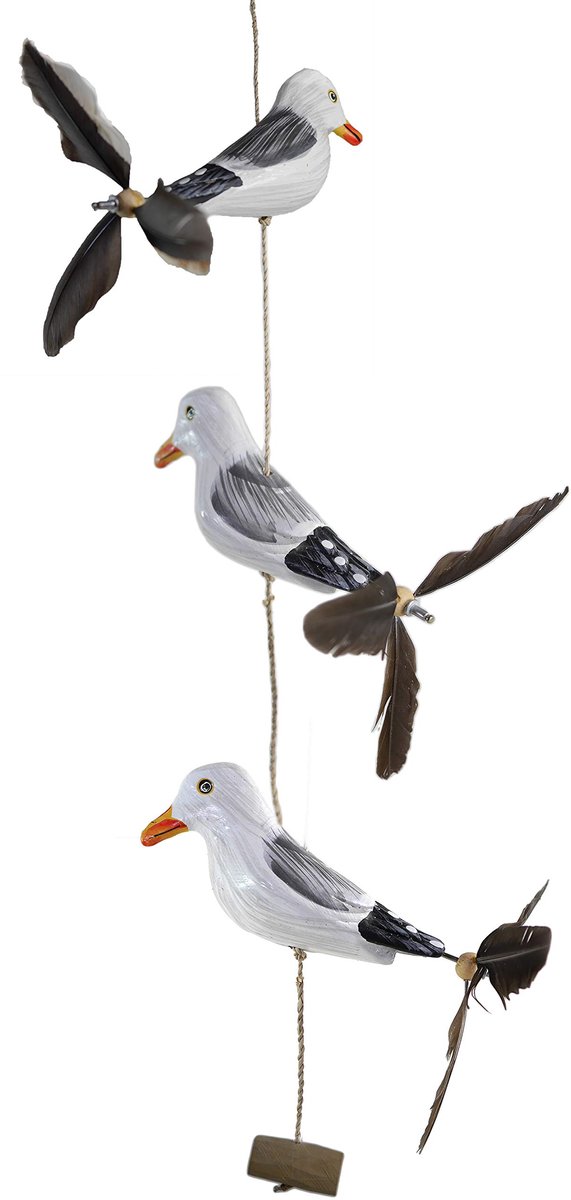SnelShoppen - ART-CRAFT Zeemeeuw Rudil met Veerpropeller - 3 Houten Vogels als Maritieme Decoratie voor Tuin, Balkon en Feestdagen - Unieke Tuindecora