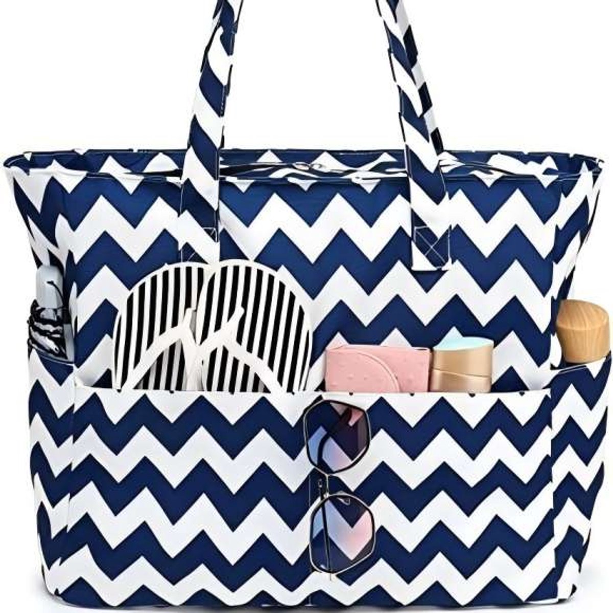 Extra grote strandtas voor dames, extra grote opvouwbare strandtas van mesh met ritssluiting en groot vak, geschikt voor strand, reizen, de sportschool en het zwembad,Blauwe en witte golven
