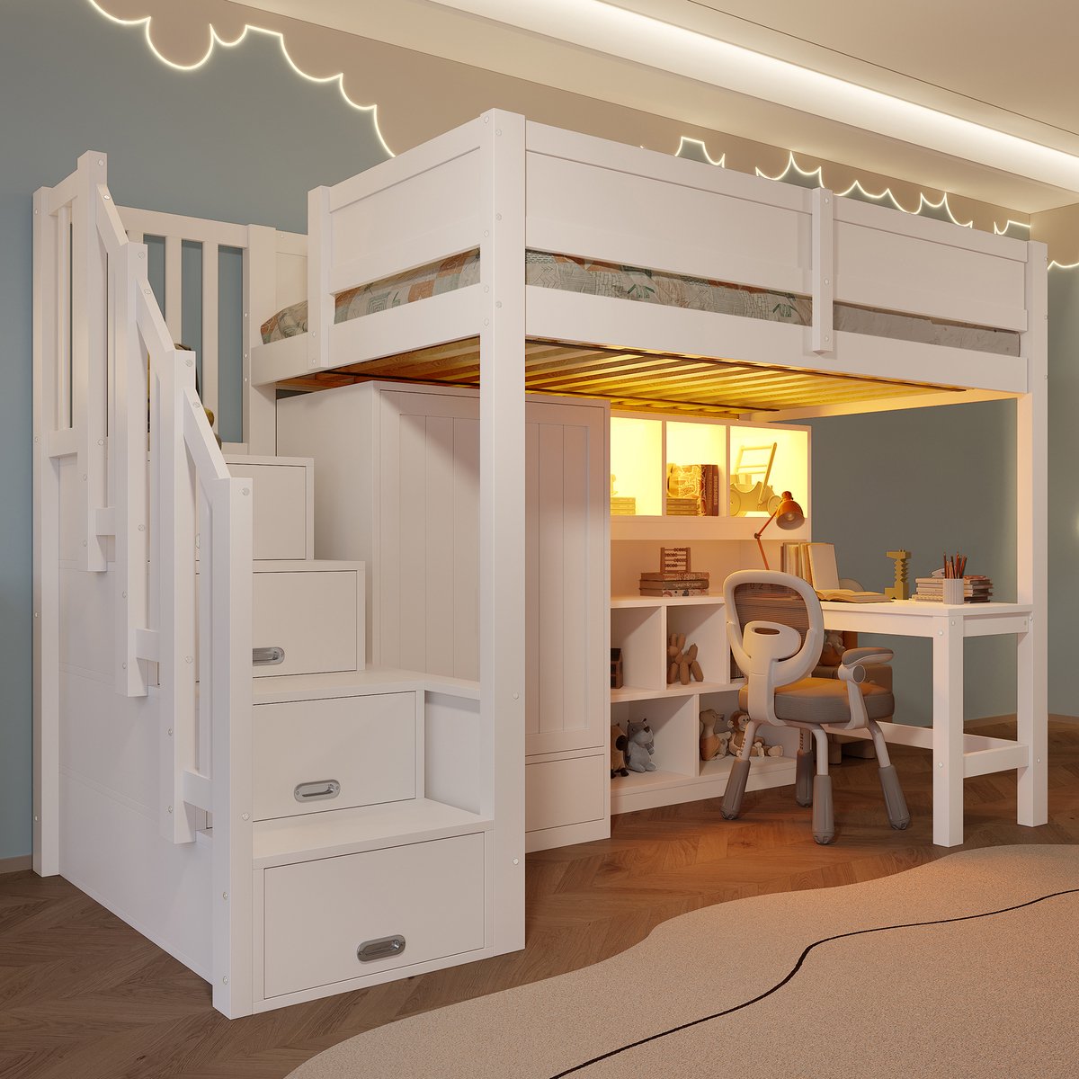 Hoogslaper 90x200 cm - Kinderbed Met Bureau, Kast, Opbergladder En LED Verlichting Wit