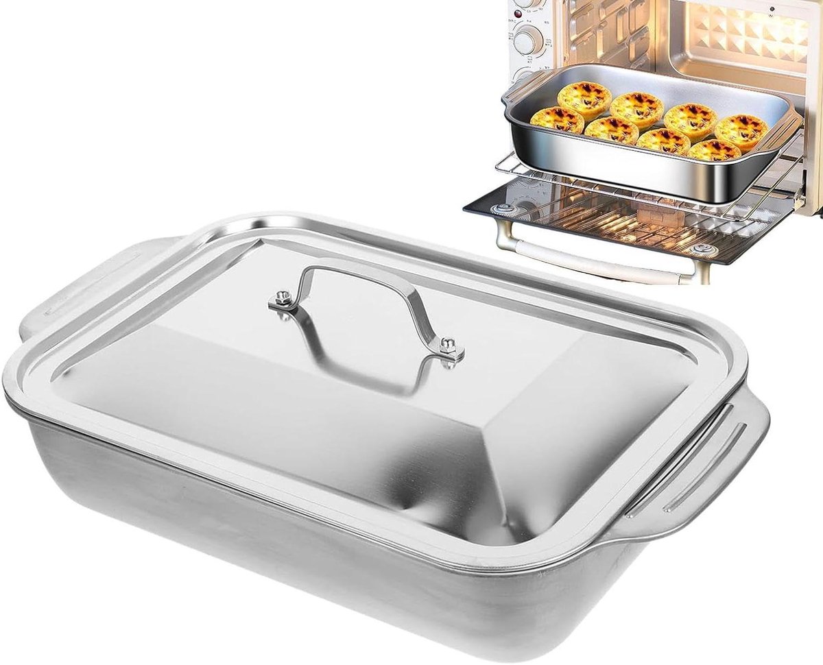 Grillpan Roestvrij Staal - Braadslee Deksel - Buiten Koken - Antiaanbaklaag Geribbeld - 41x24.5x7.5cm - Zilver