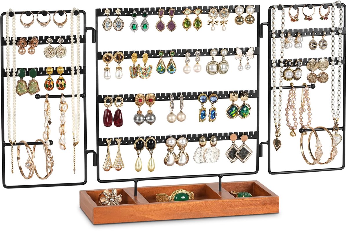 SnelShoppen - GHIAKQYT Oorbelstandaard Houten Sieradenhouder - Beweegbare Oorbellen Organizer met Ring en Kettingen - Sieradenrek voor Thuis, Feest, e