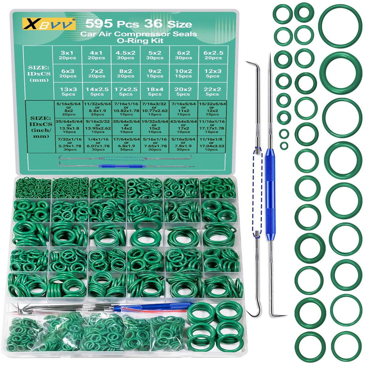 SnelShoppen - 595 stuks Metrische en SAE Airconditioning O-Ring Kit voor Auto, Professionele Kraan Plumbing Seal O-Ringen, Inclusief O-Ring Picks, Voo