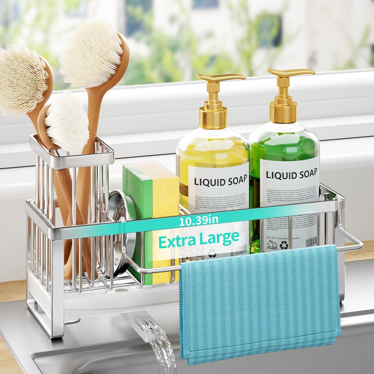 SnelShoppen - HapiRm Spoelbakorganizer XL, Roestvrijstalen Sponshouder met Borstel- en Theedoekhouder, Zelfafvoerende Gootsteenorganizer voor Keukenop