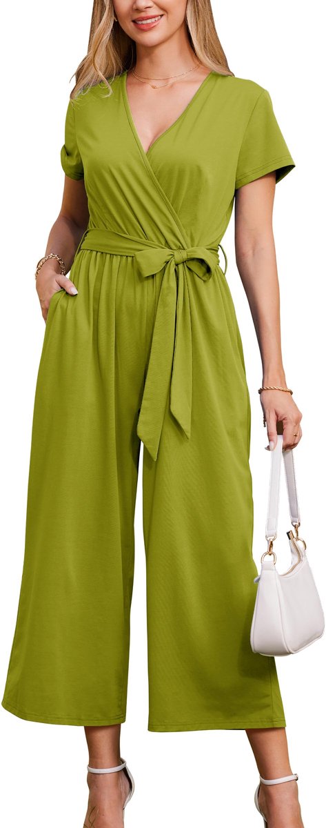 SnelShoppen - Dames Jumpsuit Zomer Elegante Playsuit Lange Overall Korte Mouw Casual Broekpak met Zakken Groente Maat L voor Feest, Vakantie en Dageli
