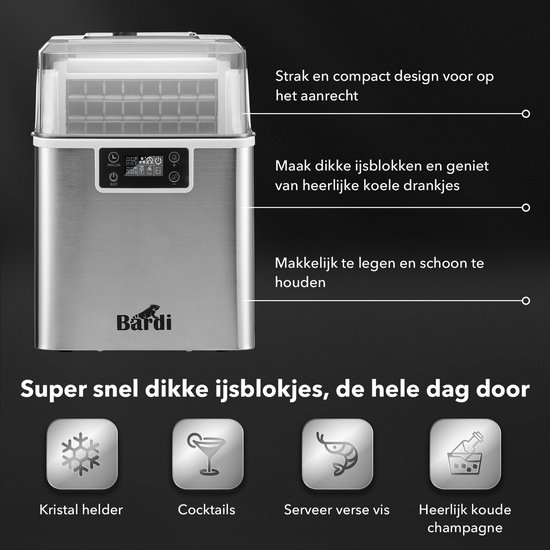 Bardi 3,2L Deluxe IJsblokjesmachine - Vierkante IJsblokmaker - LCD Display - 20Kg/24 uur. inclusief Thermosbeker en IJsschep- RVS met citruspers ZWART van Bardi — afbeelding 3