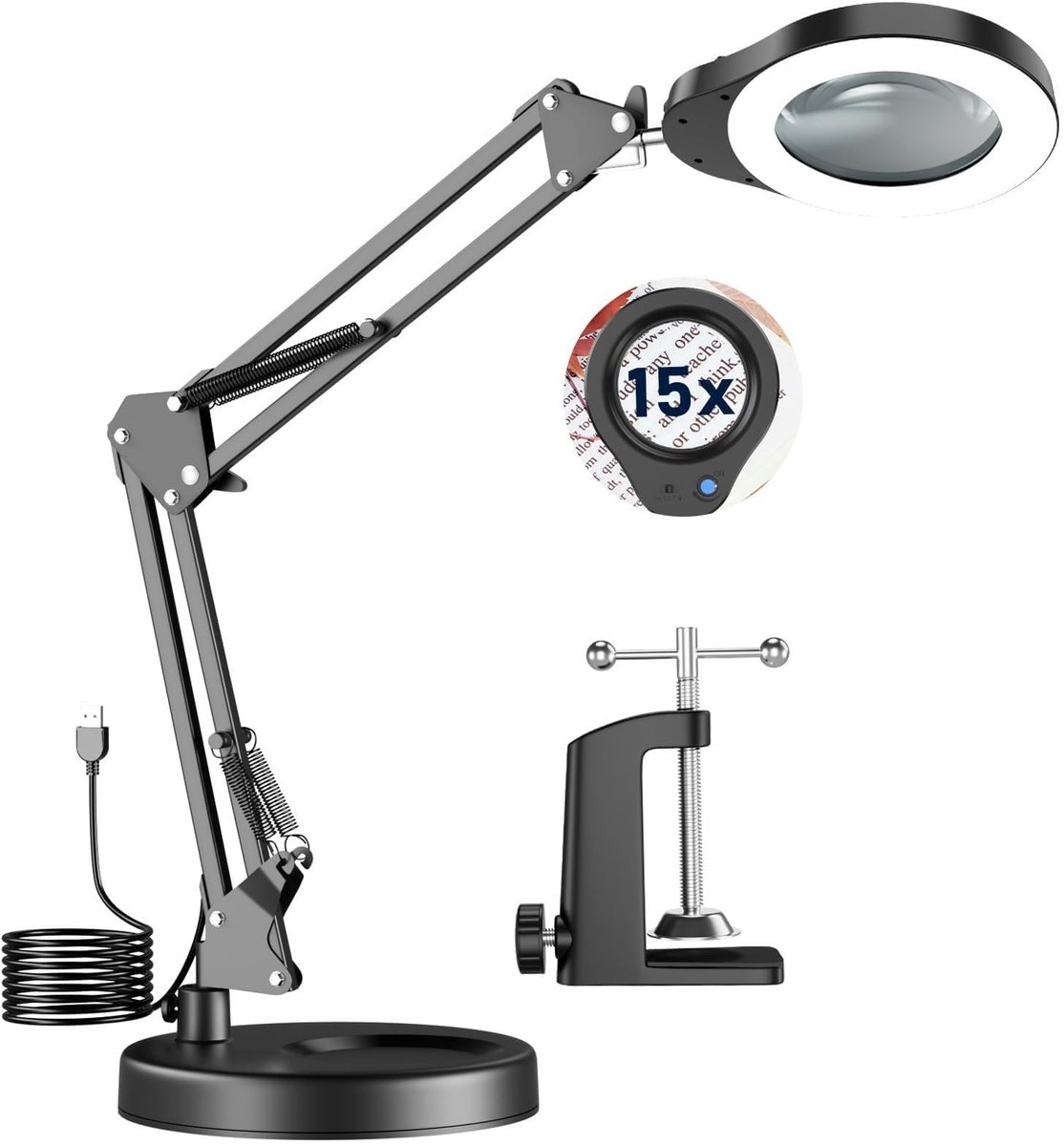 SnelShoppen - Drepint 15-voudige loep met licht, LED-vergrootlamp, 5 kleurmodi, traploos dimbaar, loeplamp met klem en verstelbare zwenkarm voor handw