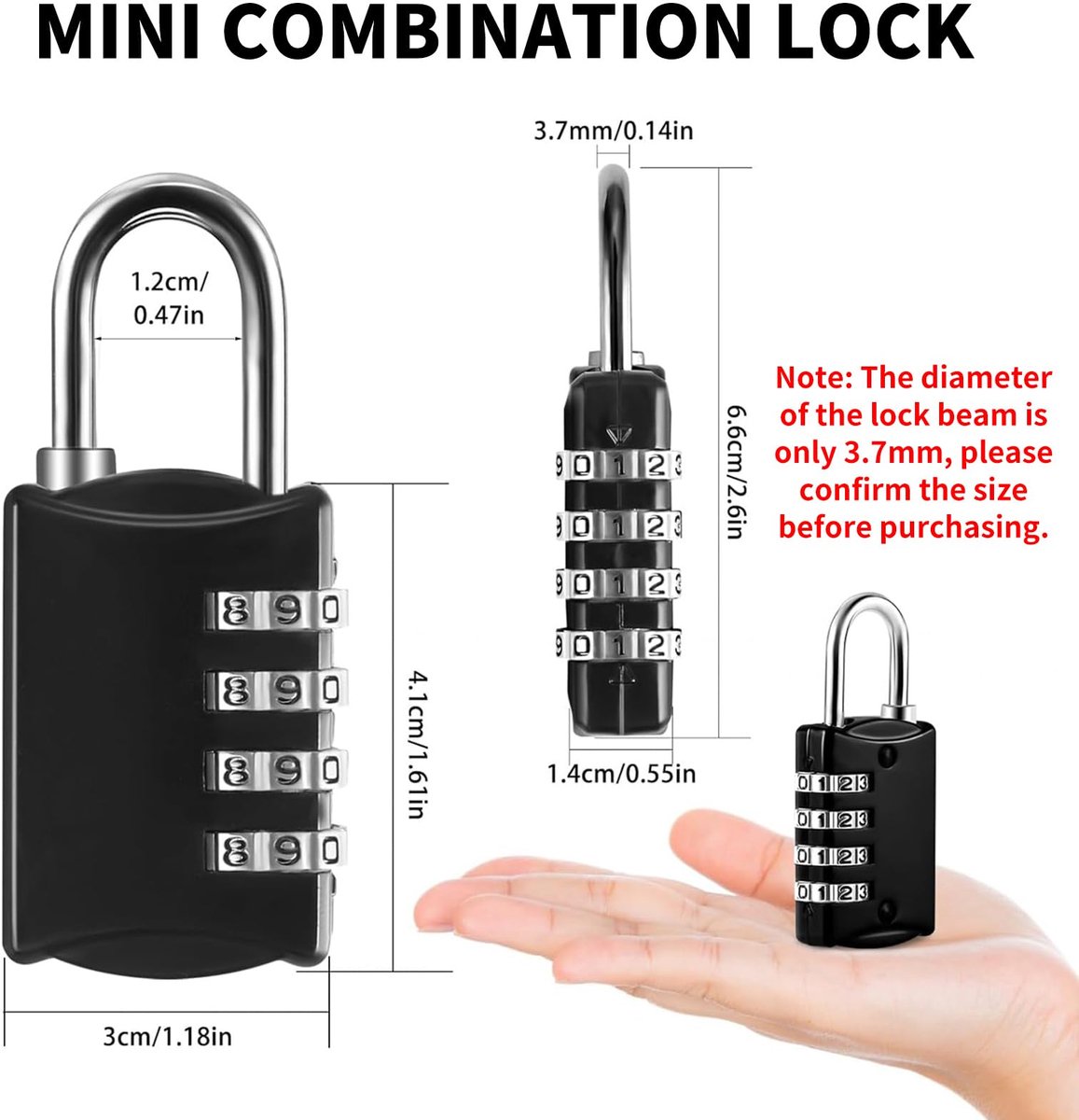 SnelShoppen - 4 Stuks Hangslot Combinatieslot Klein 4-Cijferig Kofferslot met Nummercode Bagageslot Lockerslot voor Rugzak Gym School - Zwart