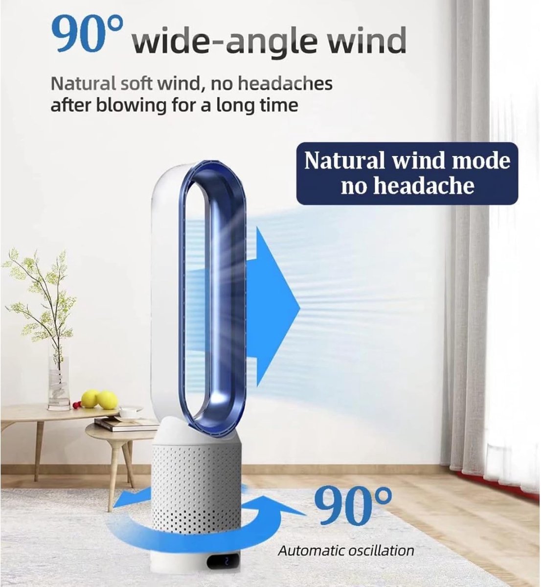 Bladloze Torenventilator - Staande Ventilator Zuiveraar - Frisse Lucht Creëren - Veilig Zonder Bladen - 58 cm - Blauw – foto 3