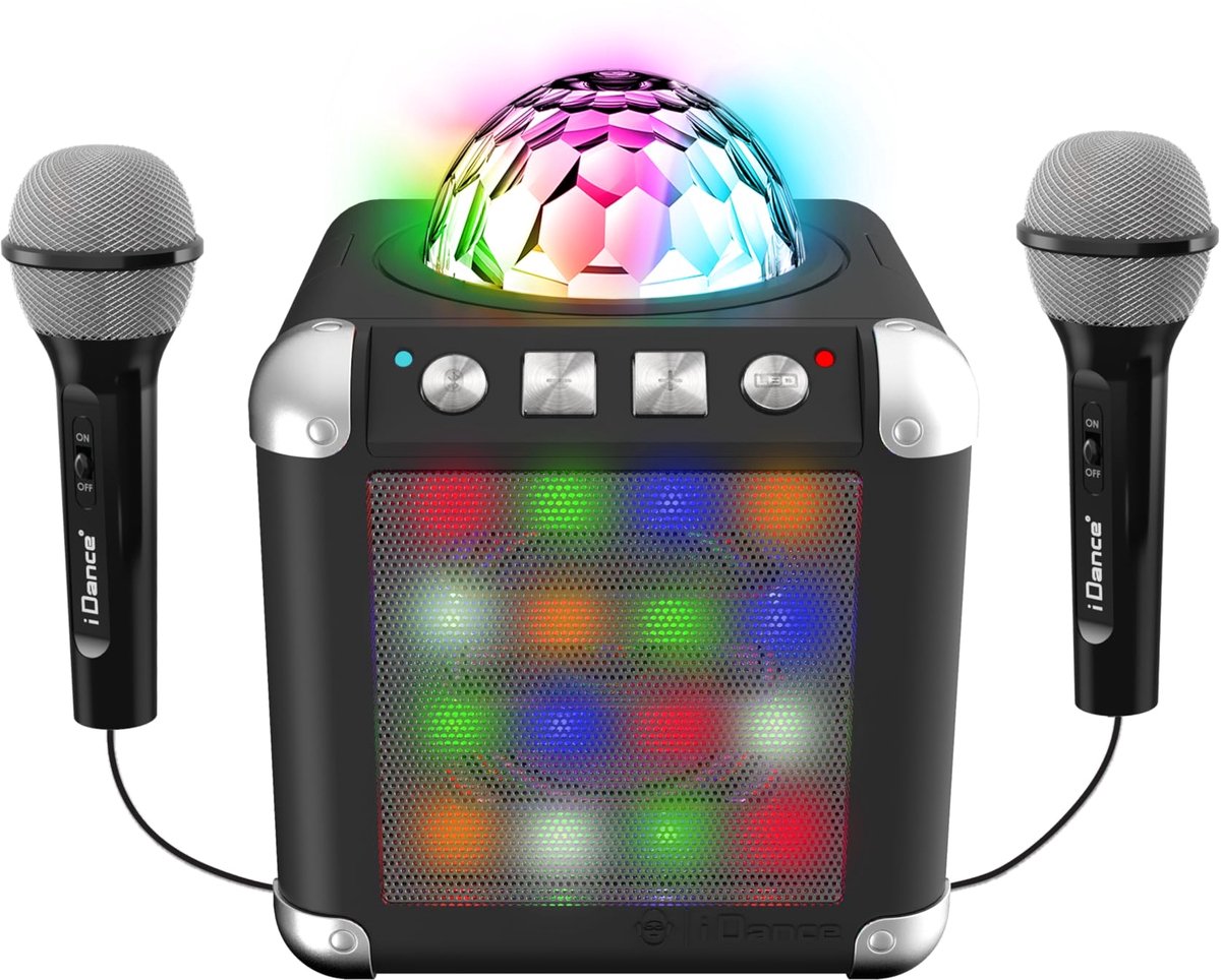 SnelShoppen - Karaoke Set met Versterker, Discobal, 2 Draadloze Microfoons, Luidsprekers, Licht- en Geluidseffecten, Compatibel met Youtube, Spotify e