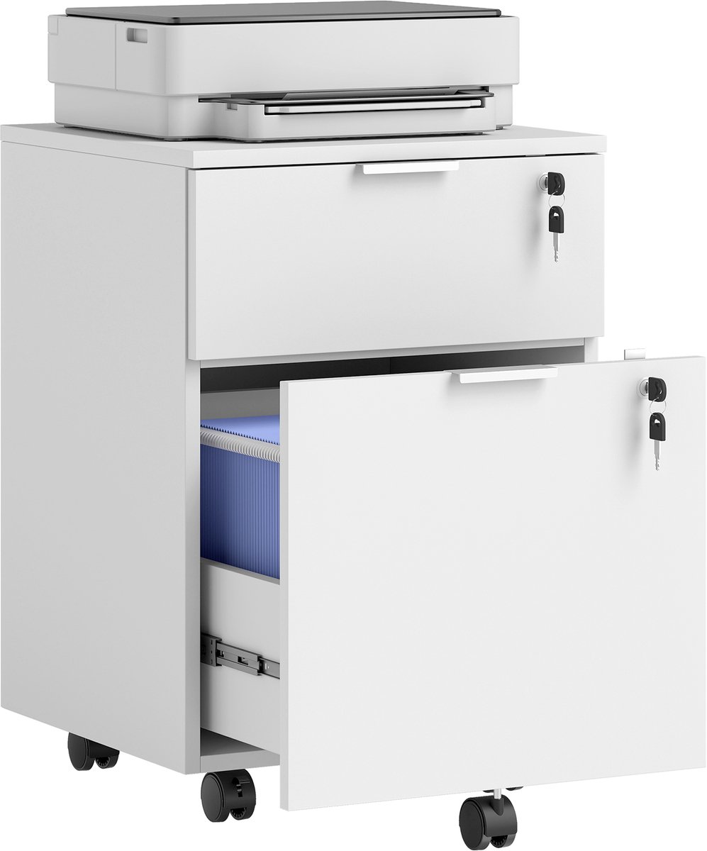 ECTEATOY® Verrijdbaar Ladeblok voor Bureau - Afsluitbare Archiefkast met 2 Lades - Hangmappenkast - 42x40x60 cm - Wit