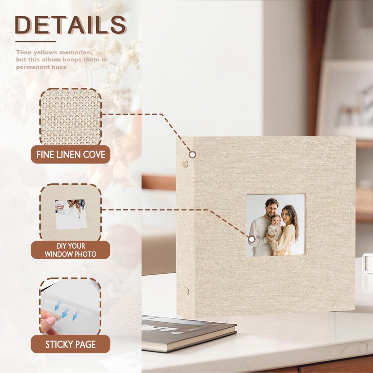 SnelShoppen - Zelfklevend Fotoalbum Plakboek voor 10x15, 13x18, 20x25 Foto's - 60 Pagina's Linnen Omslag Album met Displayvenster - Beige DIY Boek met