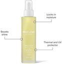 Gele fles 'BOUCLÈME Curls Redefined Revive 5 Hair Oil' met pijlen die wijzen naar 'Boosts shine', 'Locks in moisture' en 'Thermal and UV protector'.
