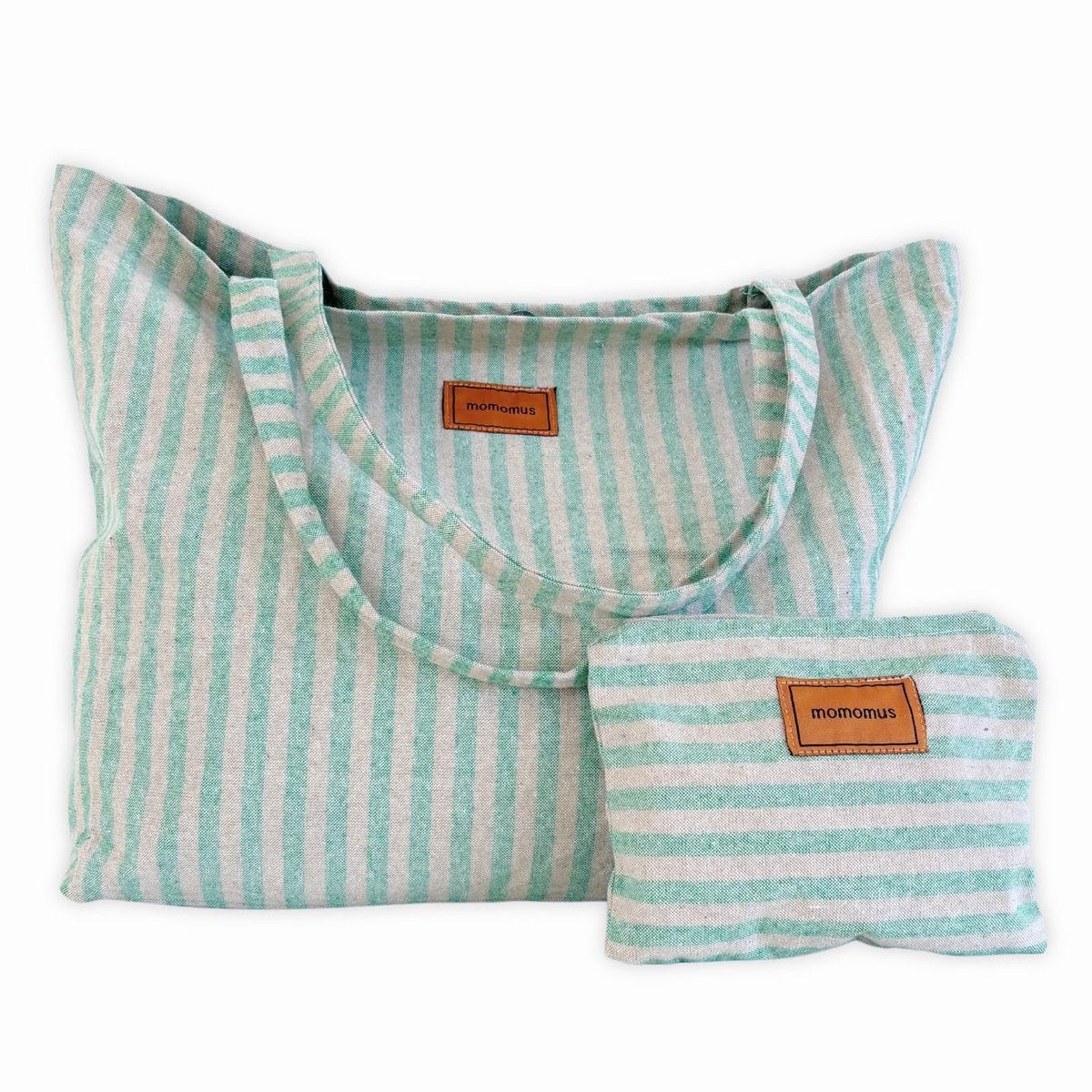 SnelShoppen - MOMOMUS Strandtas XXL - Grote Strandtas Dames 100% Gerecycled Katoen - Inclusief Handtas en Opvouwbaar - 60x40 cm Groen voor Zomer en Zw