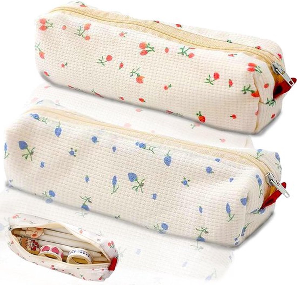 Set van 2 canvas etuis met bloemenprint - Draagbare potloodtas voor studenten - Grote capaciteit - Roze, blauw - Handig voor briefpapieropslag