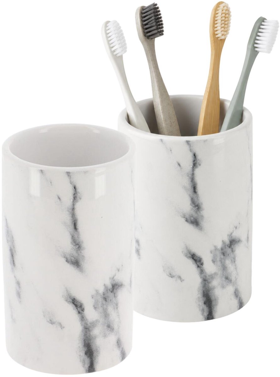 Tendance tandenborstelhouder Vienna - 2x - wit marmer - dolomiet - H10 x D6 cm - drinkbeker