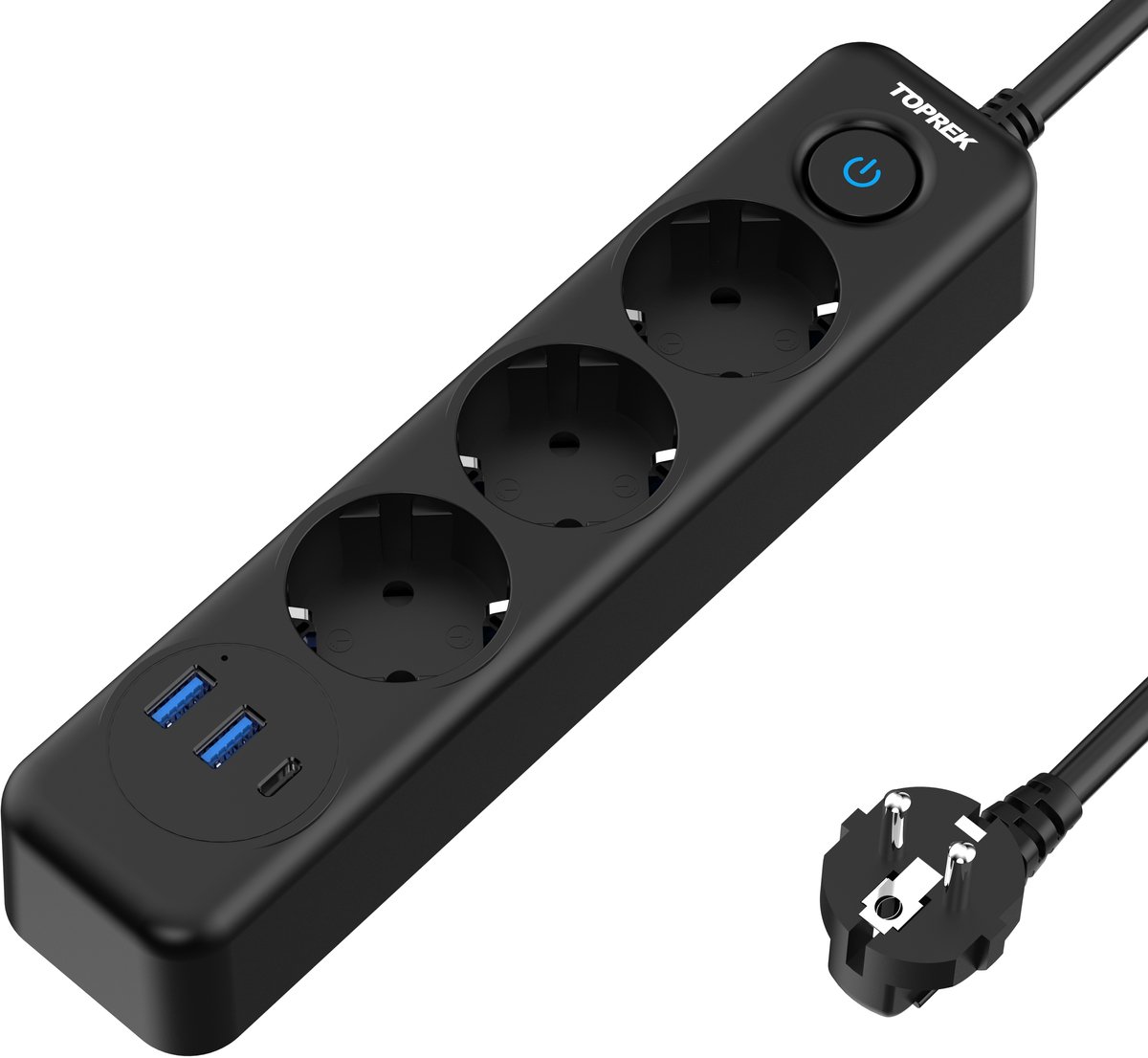 Stekkerblok - 3 Schuko stopcontacten - 2 USB-A poorten - 1 USB-C PD poort – Schakelaar – Koper geleider – Binnen gebruik – 23,5x5,4x4,0cm – 1 stuks – Zwart