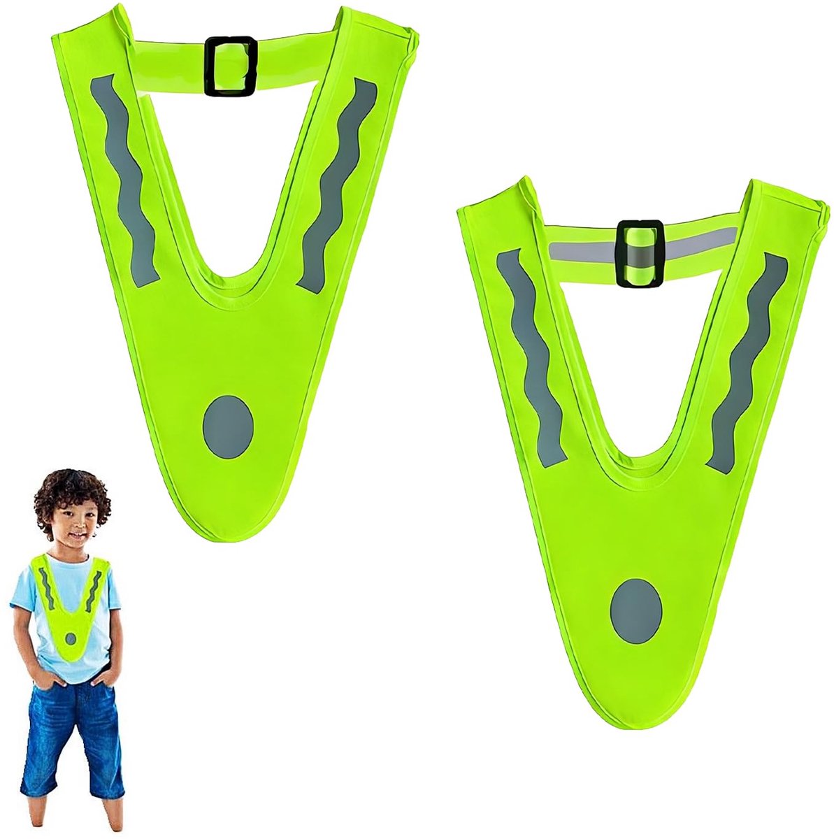 2-Pack Kind Veiligheidsvesten, Neon Gele Reflecterende Vesten met Reflecterende Strepen, Verstelbaar V-vormig Ontwerp voor Buitenactiviteiten zoals Hardlopen, Fietsen, Wandelen