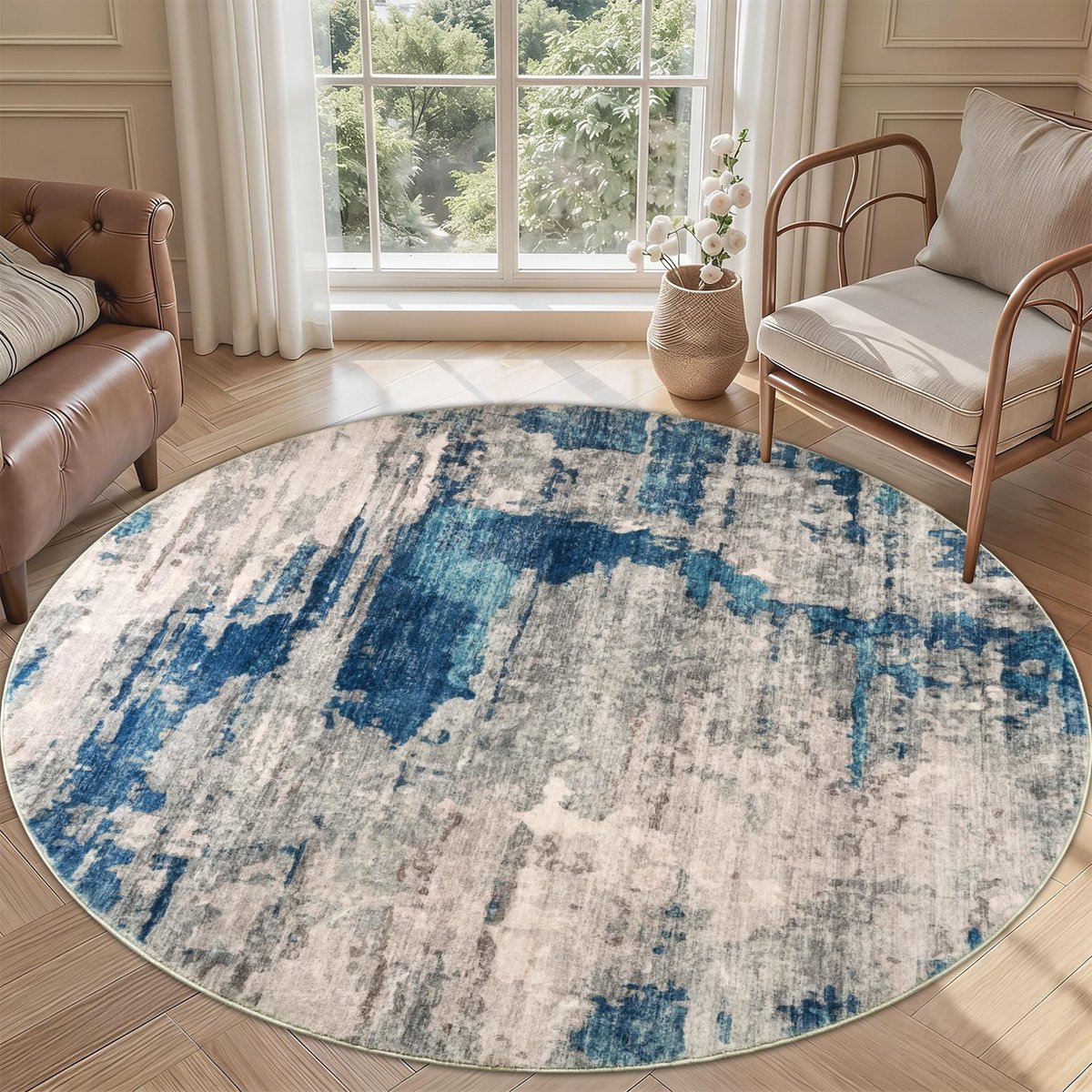 Rond voor Slaapkamer 160cm Modern Beige Tapijt Wasbaar Antislip Vloerkleed Rond voor Woonkamer Kinderkamer Eetkamer Kantoor