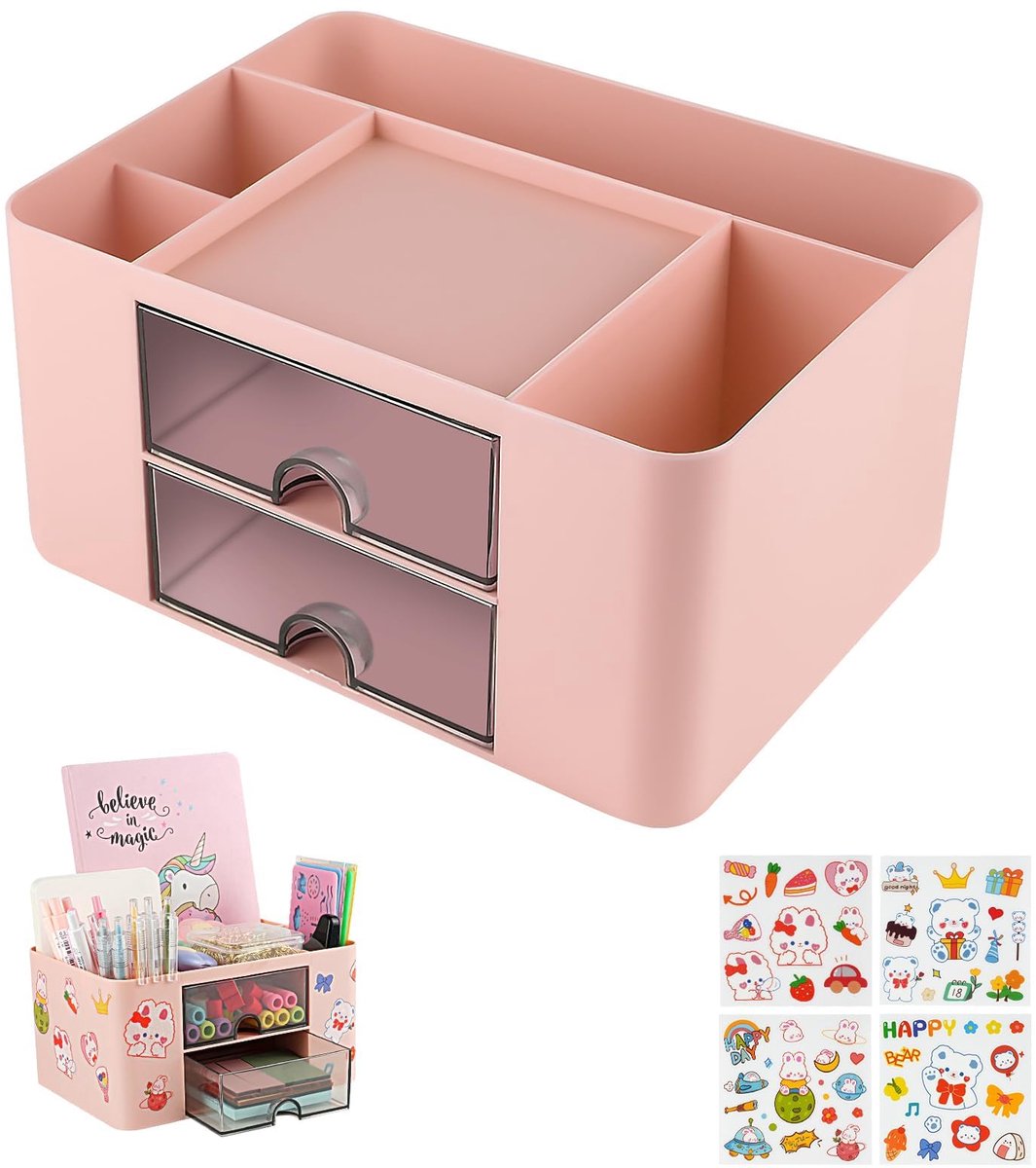 Bureauorganizer met lade, plastic tafelorganizer, organizer voor kantoorbenodigdheden voor desktop stationaire opslag pennenhouder met 7 roosters voor school, kantoor, thuis (roze)