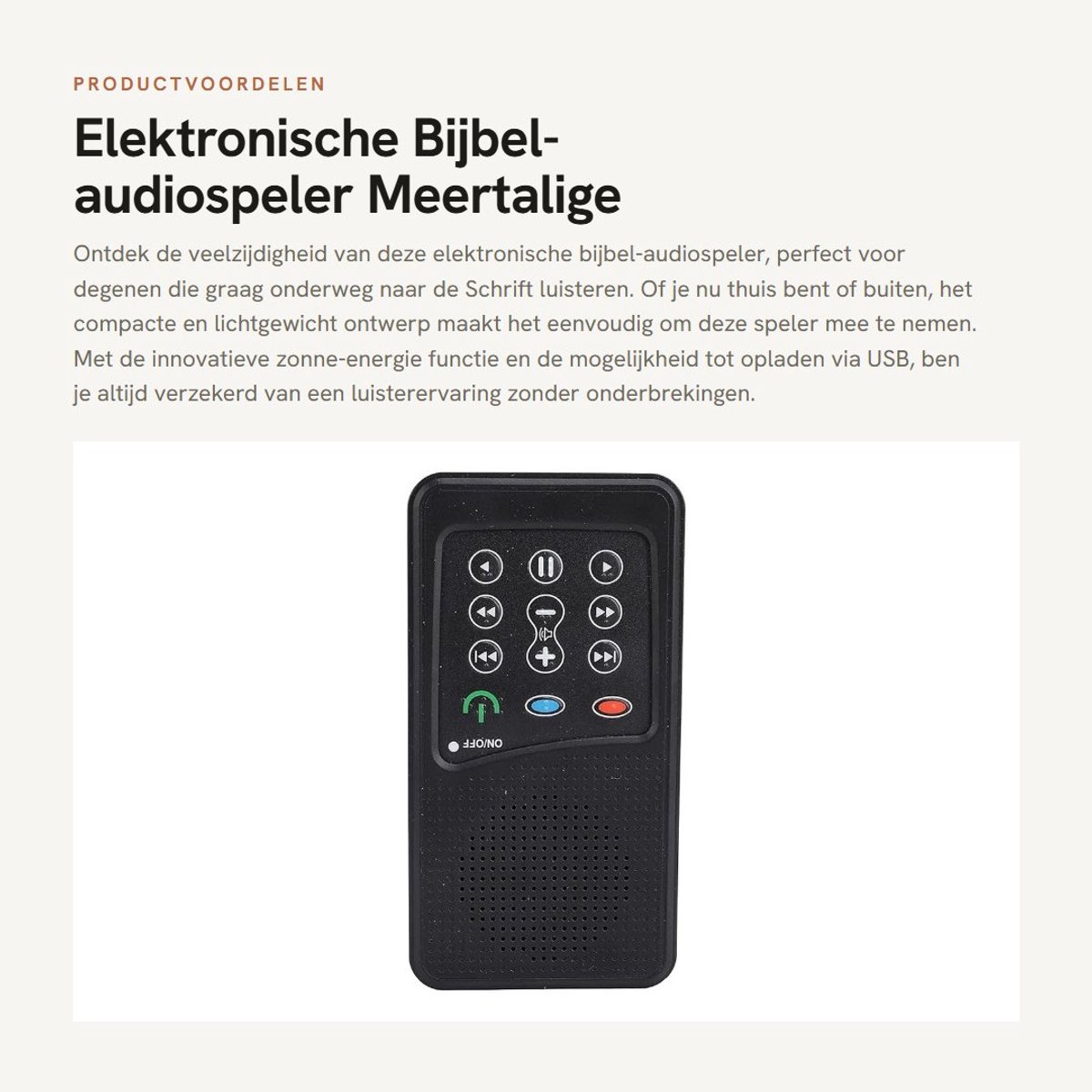 Dailygoods- Audiobijbelspeler Meertalig - Draagbaar/Lichtgewicht - Oplaadbaar via USB/Zonne-energie - Intelligent Point Reading - 4G-capaciteit - Compact ontwerp - Audio Speler
