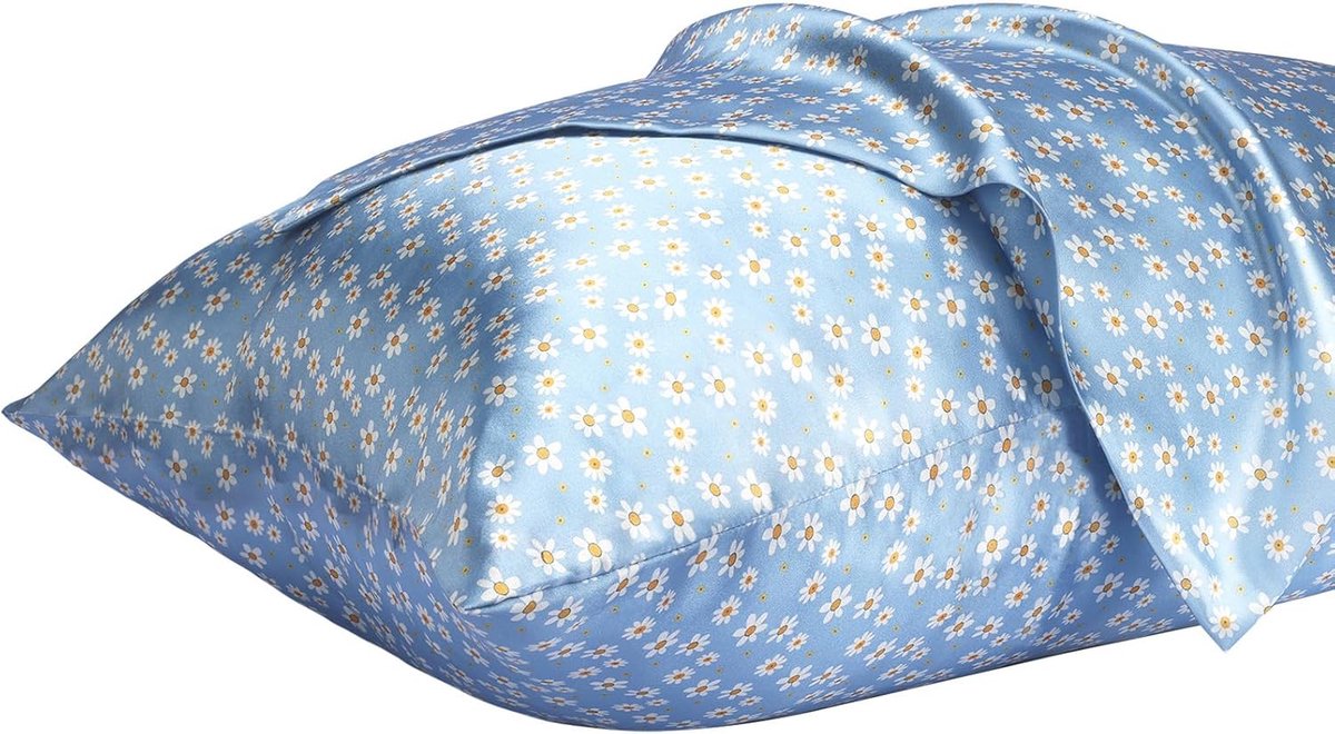 Zijdeachtige Satijnen Kussenhoes met Rits, Polyester Satijnen Kussenhoes voor Haar, Gladde Bloemenprint met Blauw Madeliefje, 40 x 80 cm
