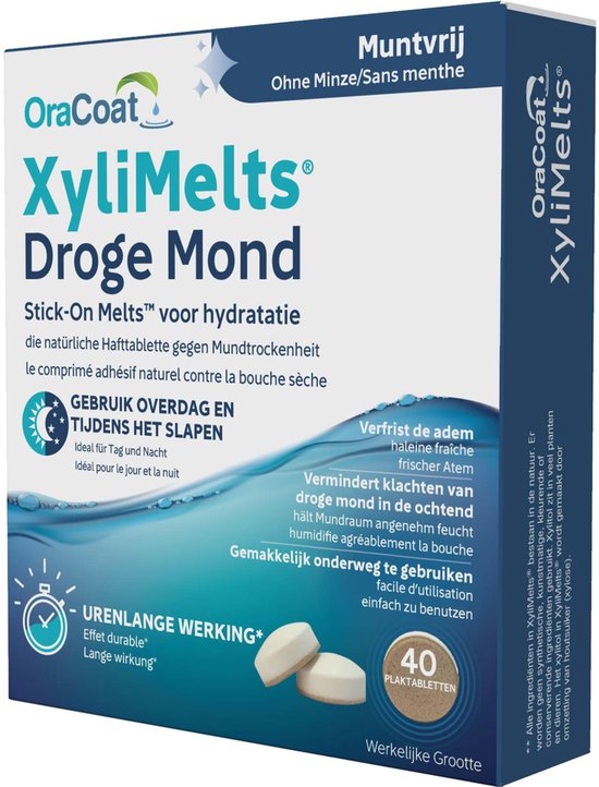Doos met OraCoat XyliMelts voor droge mond, met 40 plaktabletten en productinformatie.