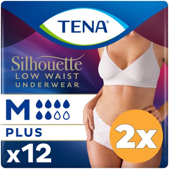 TENA Silhouette Low Waist Underwear, maat M, plus, 12 stuks, met 4 druppels symbool.