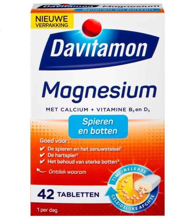 Davitamon Magnesium, 42 tabletten voor spieren en botten, met calcium en vitamine B3 en D3.