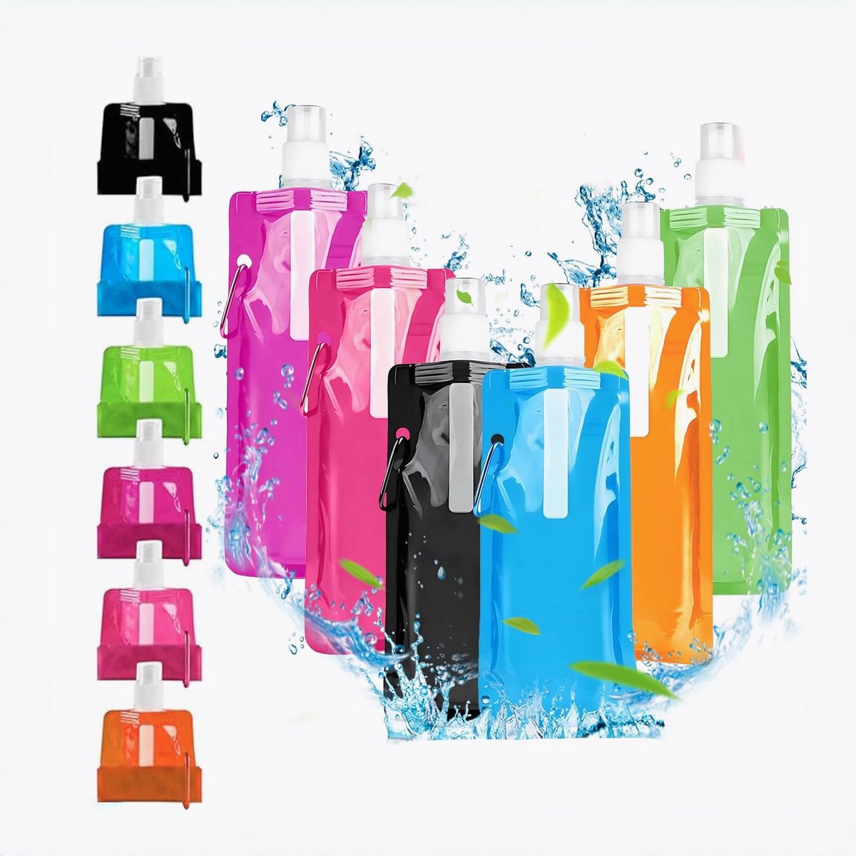waterflessen, 500 ml, opvouwbaar, herbruikbaar, draagbaar, sportfles met karabijnhaak voor reizen, wandelen, avontuur, 6 stuks