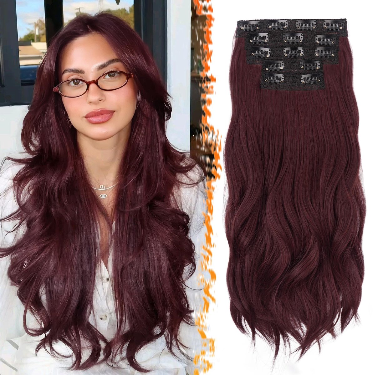 Rood Hair Extensions Clip in, 50cm Golvende Clip in Haarverlenging voor Vrouwen 5PCS Layered Natuurlijk Synthetische Haarstukjes Haarextensies - Donker Bordeaux Gemengd