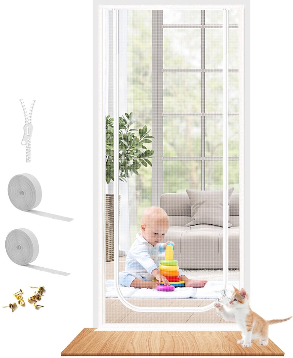 Kattenbestendig Horrenscherm met Rits - Versterkt&Verdikt Mazengordijn voor Buitendeur - Krab- & Scheurvrij - Geschikt voor Woonkamer, Keuken, Slaapkamer & Terras - 90x220 cm - Wit