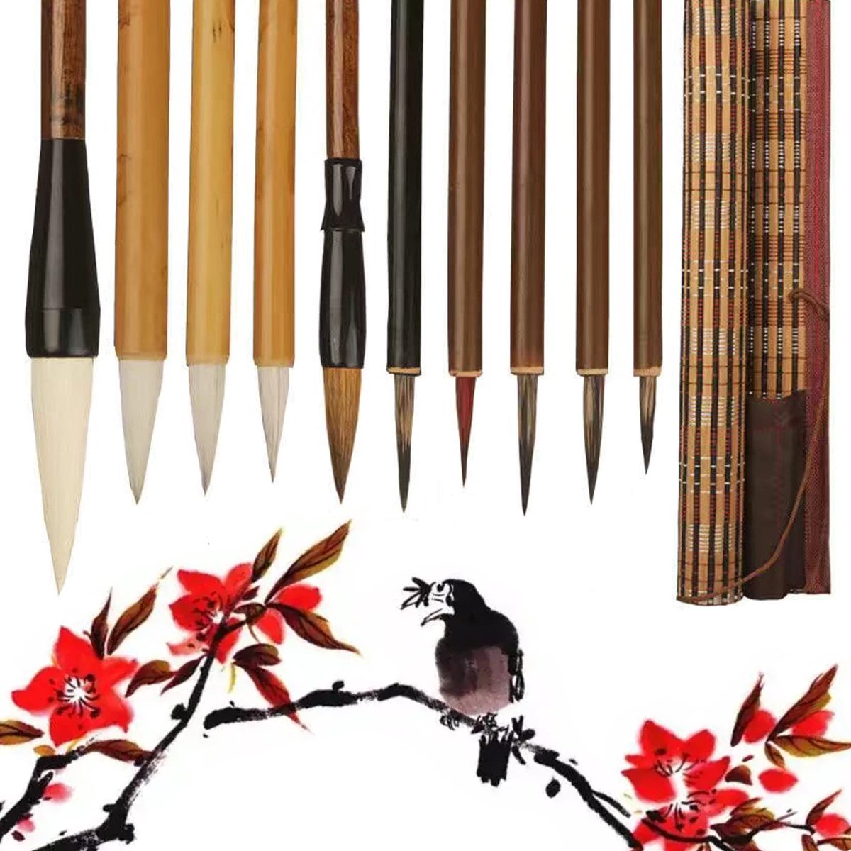 Set van 10 Chinese kalligrafiepenselen, penseeltas voor professionele kalligrafie, beginners, studenten, kunstenaars