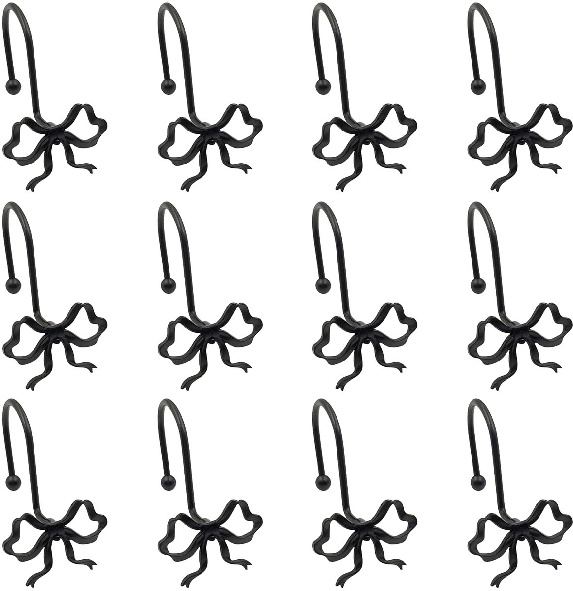 Douchegordijnhaken, gordijnhaken, gordijnringen, set van 12 decoratieve metalen haken voor douchegordijn, 3D-strikdesign, roestvrij en vochtbestendig